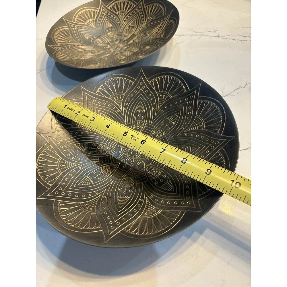 Set 2 Etched Brass Pedestal Bowls Indian Mandala Design Decorative